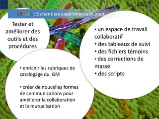 Tester et
améliorer des
outils et des
procédures
4
• enrichir les rubriques de
catalogage du GM
• créer de nouvelles formes
de communications pour
améliorer la collaboration
et la mutualisation
• un espace de travail
collaboratif
• des tableaux de suivi
• des fichiers témoins
• des corrections de
masse
• des scripts
CERCLES : 5 chantiers expérimentaux pour
 