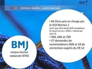 • 64 titres pris en charge par
le SCD Rennes 1
(ainsi que 30 e-books Brill complétant
le travail sur les « RADI » réalisé par
Lyon 3)
• 4XX, 6XX et 7XX
• 27 demandes de
numérotations ISSN et 19 de
corrections auprès du CR 12
6
corpus licence
nationale ISTEX
CERCLES : intimes révélés… autre exemple
 