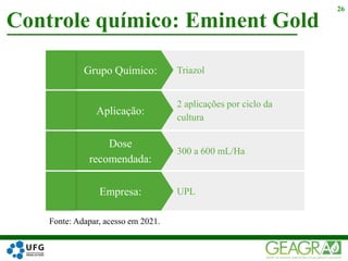 Controle químico: Eminent Gold
26
Dose
recomendada:
300 a 600 mL/Ha
Aplicação:
2 aplicações por ciclo da
cultura
Grupo Químico: Triazol
Empresa: UPL
Fonte: Adapar, acesso em 2021.
 