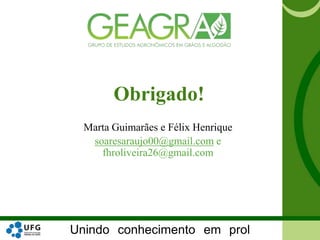 Unindo conhecimento em prol
Marta Guimarães e Félix Henrique
soaresaraujo00@gmail.com e
fhroliveira26@gmail.com
Obrigado!
 