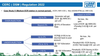 CERC ( DSM ) Regulation 2022
• Case Study V (Medium ECR station in normal period) --ECR ( INR 4.OO ), Max of(DAM,RTM) as ( INR 4.00)
OVER-INJECTION
Beyond 2%
Up to 2%
UNDER-INJECTION
Up to 2%
2% to 10 %
@10% of Deviation
Rate
@ 120 %Deviation
rate
Generator will get
ECR @( INR4.00 )
per unit
Impact on NTPC
Loss of ECR @( INR4.00)
+Penalty( 0.4)=@ 4.40 per
unit
ECR@ (4.00) to be
returned back to pool
account
Penalty(4.80)- ECR Saving
(4.00)= Net loss@ 0.80 per unit
>10 % @ 150 %Deviation
rate
Penalty(6)- ECR Saving (4.00)=
Net loss@ 2.00 per unit
No loss , No
gain
No loss , No
gain
 