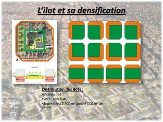 L’ilot et sa densification
Distribution des ilots :
•Orange : bâti.
•Vert : non-bâti.
•Superficie 12 700 m² dont 8 000 m² de
jardin.
 