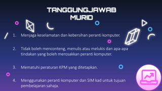 1. Menjaga keselamatan dan kebersihan peranti komputer.
2. Tidak boleh menconteng, menulis atau melukis dan apa-apa
tindakan yang boleh merosakkan peranti komputer.
3. Mematuhi peraturan KPM yang ditetapkan.
4. Menggunakan peranti komputer dan SIM kad untuk tujuan
pembelajaran sahaja.
TANGGUNGJAWAB
MURID
 