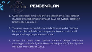 1. CERDIK merupakan inisiatif perintis tanggungjawab sosial korporat
(CSR) oleh syarikat berkaitan kerajaan (GLC) dan syarikat pelaburan
berkaitan kerajaan (GLiC).
2. Tujuannya untuk menyediakan akses digital yang terdiri daripada
komputer riba, tablet dan sambungan data kepada murid-murid
daripada keluarga berpendapatan rendah.
3. Inisiatif ini diselia oleh Yayasan Hasanah dengan mendapat
sumbangan daripada Syarikat Berkaitan Kerajaan (GLC) dan Syarikat
Pelaburan Milik Kerajaan (GLiC).
PENGENALAN
 