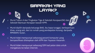 o Murid Tahun 4 dan Tingkatan Tiga di Sekolah Kerajaan(SK) dan
Sekolah Bantuan Kerajaan bawah KPM.
o Murid dipilih daripada keluarga B40, ibu bapa tunggal, berkeperluan
khas, orang asli, dari isi rumah yang pendapatan kurang daripada
RM4849/ bulan.
o Murid tidak mempunyai sebarang peranti komputer yang
berspesifikasi ditetapkan oleh KPM dan Yayasan Hasanah.
o Murid tidak mempunyai sebarang SIM kad pelan data untuk
mengakses ke talian internet.
SIAPAKAH YANG
LAYAK?
 