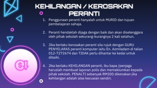 KEHILANGAN / KEROSAKAN
PERANTI
1. Penggunaan peranti hanyalah untuk MURID dan tujuan
pembelajaran sahaja.
2. Peranti hendaklah dijaga dengan baik dan akan diselenggara
oleh pihak sekolah sekurang-kurangnya 2 kali setahun.
3. Jika berlaku kerosakan peranti sila rujuk dengan GURU
PENYELARAS peranti komputer iaitu En. Azmiladam di talian
012-7272674 dan TIDAK perlu dihantar ke kedai untuk
dibaiki.
4. Jika berlaku KEHILANGAN peranti, ibu bapa /penjaga
haruslah membuat laporan polis dan memaklumkan kepada
pihak sekolah. PENALTI sebanyak RM300 dikenakan jika
kehilangan adalah atas kecuaian sendiri.
 