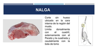 NALGA
Corte sin hueso
ubicado en la cara
interna de la región del
muslo.
Limita dorsalmente
con el cuadril,
externamente con el
Peceto y la cuadrada y
caudalmente con la
bola de lomo
 