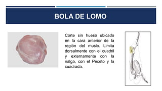 BOLA DE LOMO
Corte sin hueso ubicado
en la cara anterior de la
región del muslo. Limita
dorsalmente con el cuadril
y externamente con la
nalga, con el Peceto y la
cuadrada.
 