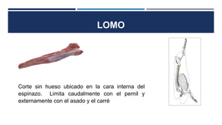 LOMO
Corte sin hueso ubicado en la cara interna del
espinazo. Limita caudalmente con el pernil y
externamente con el asado y el carré
 