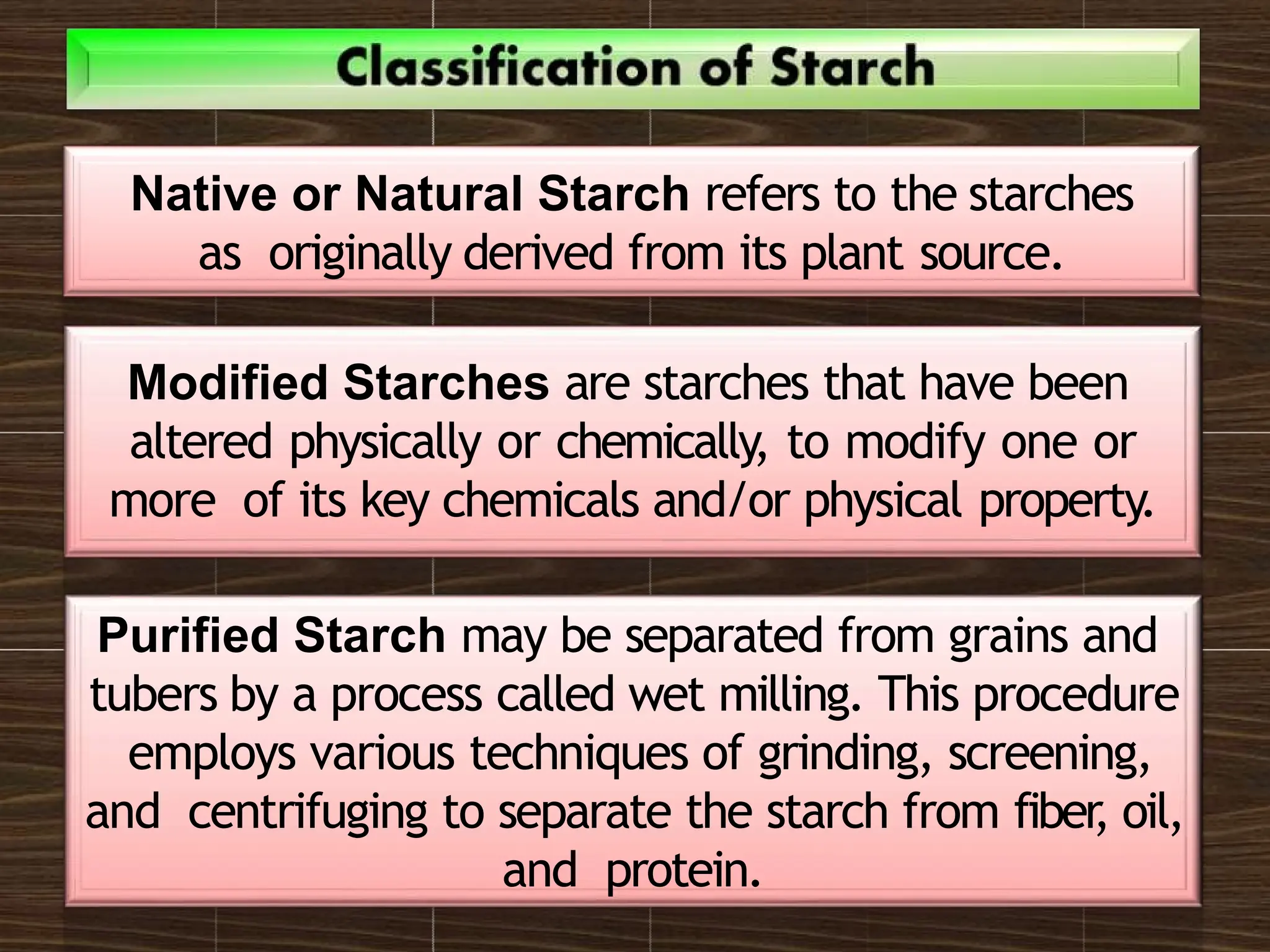 Native or Natural Starch refers to the starches
as originally derived from its plant source.
Modified Starches are starches that have been
altered physically or chemically, to modify one or
more of its key chemicals and/or physical property.
Purified Starch may be separated from grains and
tubers by a process called wet milling. This procedure
employs various techniques of grinding, screening,
and centrifuging to separate the starch from fiber
, oil,
and protein.
 