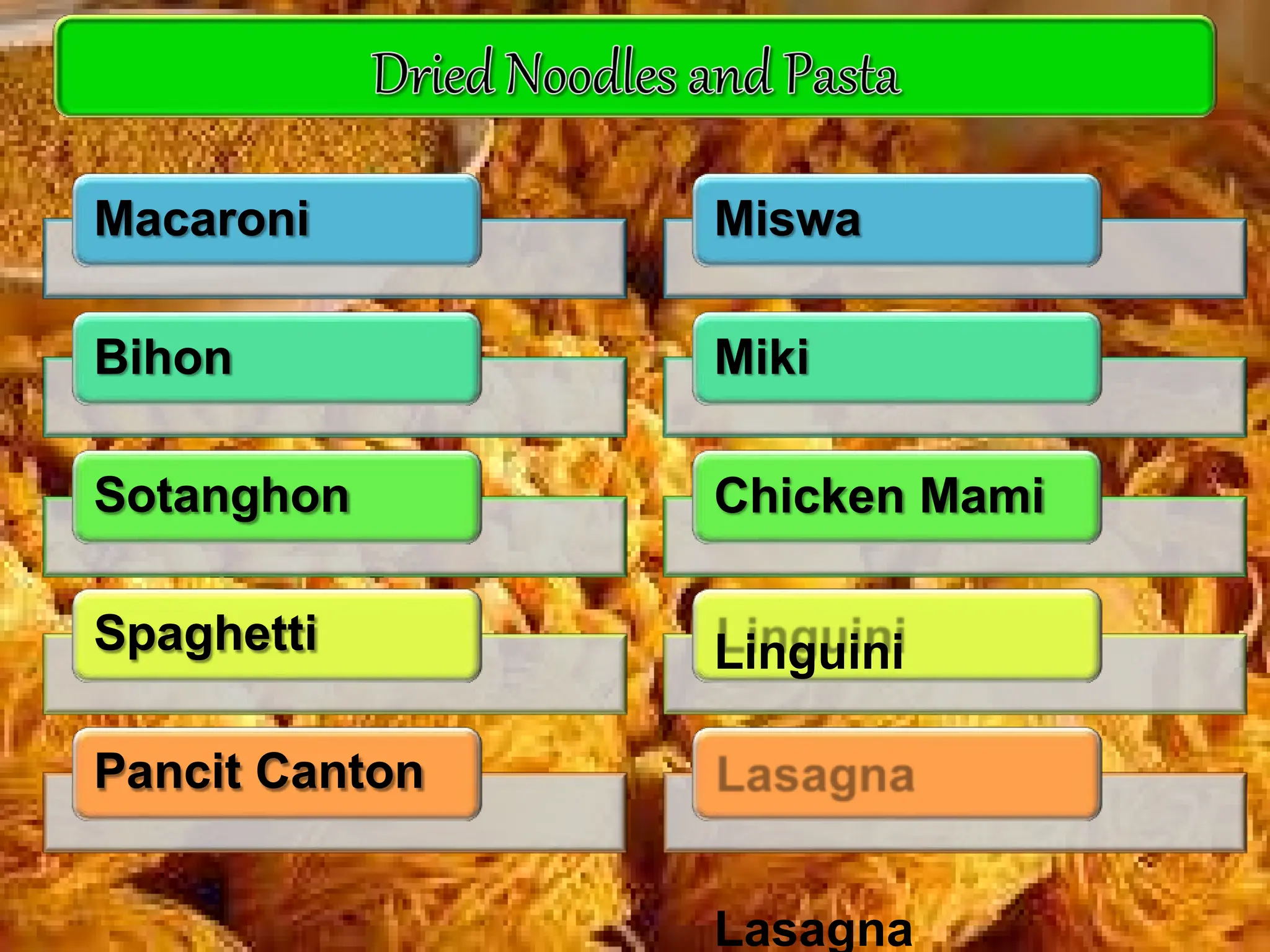 Macaroni
Bihon
Sotanghon
Spaghetti
Pancit Canton
Miswa
Miki
Chicken Mami
Linguini
Lasagna
 