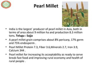 Pearl Millet
• India is the largest` producer of pearl millet in Asia, both in
terms of area about 9 million ha and production 8.3 million
tons. Telugu : Sajja
• A pearl millet grain comprises about 8% pericarp, 17% germ
and 75% endosperm .
• Pearl Millet Protein 7.3, Fiber 3.6,Minerals 2.7, Iron 3.9,
Calcium 344 .
• Pearl millet for increasing its acceptability as ready to serve
break-fast food and improving rural economy and health of
rural people .
 