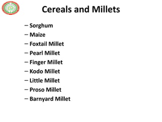 Cereals and Millets
– Sorghum
– Maize
– Foxtail Millet
– Pearl Millet
– Finger Millet
– Kodo Millet
– Little Millet
– Proso Millet
– Barnyard Millet
 