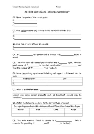 Cereals/Raising Agents worksheet Name:__________________ 
JC HOME ECONOMICS ~ CEREALS WORKSHEET 
Q1. Name the parts of the cereal grain: 
a)___________________ 
b)___________________ 
c)___________________ 
Q2. Give three reasons why cereals should be included in the diet: 
1)________________________________________________________ 
2)________________________________________________________ 
3)________________________________________________________ 
Q3. Give two effects of heat on cereals: 
i)________________________________________________________ 
ii)________________________________________________________ 
Q4. A C___________ is a person who is allergic to G___________ found in 
wheat. 
Q5. The outer layer of a cereal grain is called the B_______ layer. This is a 
good source of F_________ in the diet, which aids P_____________, and 
thus the removal of W_________ from the body. 
Q6. Name two raising agents used in baking and suggest a different use for 
each: 
Raising agent Use 
1) 
2) 
Q7. What is a fortified food? ___________________________________ 
__________________________________________________________ 
Explain why some cereal products such as breakfast cereals may be 
fortified? __________________________________________________ 
Q8. Match the following products to the correct type of cereal: 
Porridge/Popcorn/Pasta/Rice Krispies/Museli/Flour/Cornflakes/Rice Paper 
Wheat Rice Oats Maize 
Q9. The main nutrient found in cereals is C_____________. This is 
essential for providing H________ and E_________ in the body. 
 