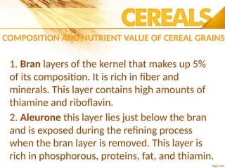 COMPOSITION AND NUTRIENT VALUE OF CEREAL GRAINS
1. Bran layers of the kernel that makes up 5%
of its composition. It is rich in fiber and
minerals. This layer contains high amounts of
thiamine and riboflavin.
2. Aleurone this layer lies just below the bran
and is exposed during the refining process
when the bran layer is removed. This layer is
rich in phosphorous, proteins, fat, and thiamin.
 