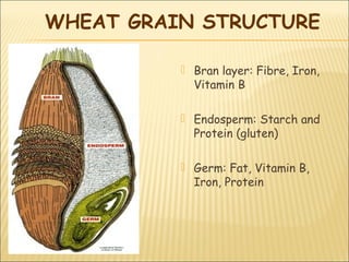  Bran layer: Fibre, Iron,
Vitamin B
 Endosperm: Starch and
Protein (gluten)
 Germ: Fat, Vitamin B,
Iron, Protein
WHEAT GRAIN STRUCTURE
 