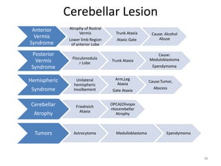 Cerebellar Lesion
38
Anterior
Vermis
Syndrome
Atrophy of Rostral
Vermis
Lower limb Region
of anterior Lobe
Trunk Ataxia
Ataxic Gate
Cause: Alcohol
Abuse
Posterior
Vermis
Syndrome
Floculonodula
r Lobe
Trunk Ataxia
Cause:
Meduloblastoma
Ependymoma
Hemispheric
Syndrome
Unilateral
hemispheric
Involbement
Arm,Leg
Ataxia
Gate Ataxia
Cause:Tumor,
Abscess
Cerebellar
Atrophy
Friedreich
Ataxia
OPCA(Olivopo
ntocerebellar
Atrophy
Tumors Astrocytoma Medulloblastoma Ependymoma
 