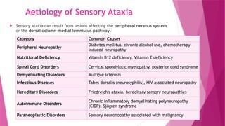 Aetiology of Sensory Ataxia
 Sensory ataxia can result from lesions affecting the peripheral nervous system
or the dorsal column–medial lemniscus pathway.
Category Common Causes
Peripheral Neuropathy
Diabetes mellitus, chronic alcohol use, chemotherapy-
induced neuropathy
Nutritional Deficiency Vitamin B12 deficiency, Vitamin E deficiency
Spinal Cord Disorders Cervical spondylotic myelopathy, posterior cord syndrome
Demyelinating Disorders Multiple sclerosis
Infectious Diseases Tabes dorsalis (neurosyphilis), HIV-associated neuropathy
Hereditary Disorders Friedreich's ataxia, hereditary sensory neuropathies
Autoimmune Disorders
Chronic inflammatory demyelinating polyneuropathy
(CIDP), Sjögren syndrome
Paraneoplastic Disorders Sensory neuronopathy associated with malignancy
 