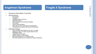 28 October 2010AngelmanSyndromeFragile X SyndromeCaused by abnormalities of imprintingClinical features MicrocephalyPrognathiaHypopigmentation of the skin Significant seizures Happy disposition and paroxysmal laughter Poor speech Severe mental retardation Ataxia with jerky arm movements and hyperreflexiaCharacteristic arm position with wrist and elbow flexion Laboratory findings DNA methylation abnormalities in the 15q11-13 region Deletions in 15q11-13 region using fluorescent in situ hybridization (FISH) Uniparentaldisomy studies UBE3A mutation on DNA analysis Mild cortical atrophy on CT scanning or MRI EEG abnormalities that are considered as highly characteristic 