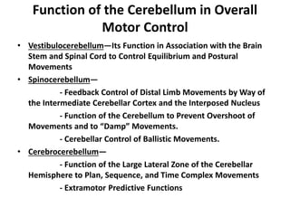 Function of the Cerebellum in Overall
Motor Control
• Vestibulocerebellum—Its Function in Association with the Brain
Stem and Spinal Cord to Control Equilibrium and Postural
Movements
• Spinocerebellum—
- Feedback Control of Distal Limb Movements by Way of
the Intermediate Cerebellar Cortex and the Interposed Nucleus
- Function of the Cerebellum to Prevent Overshoot of
Movements and to “Damp” Movements.
- Cerebellar Control of Ballistic Movements.
• Cerebrocerebellum—
- Function of the Large Lateral Zone of the Cerebellar
Hemisphere to Plan, Sequence, and Time Complex Movements
- Extramotor Predictive Functions
 