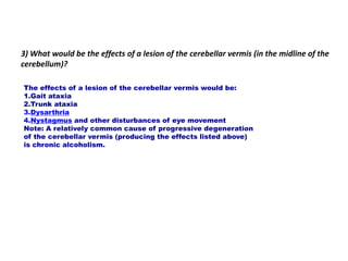 3) What would be the effects of a lesion of the cerebellar vermis (in the midline of the
cerebellum)?
The effects of a lesion of the cerebellar vermis would be:
1.Gait ataxia
2.Trunk ataxia
3.Dysarthria
4.Nystagmus and other disturbances of eye movement
Note: A relatively common cause of progressive degeneration
of the cerebellar vermis (producing the effects listed above)
is chronic alcoholism.
 