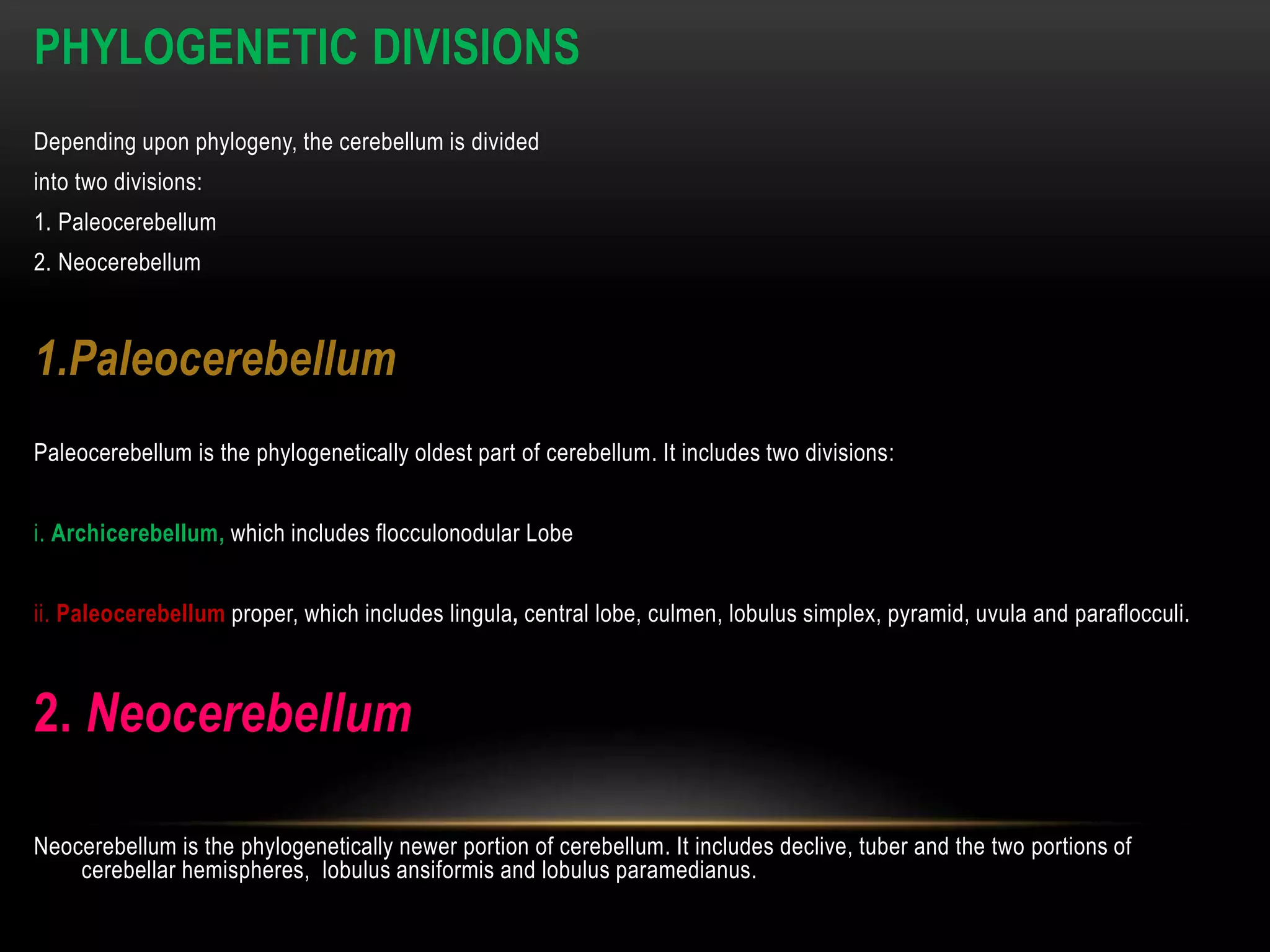 PHYLOGENETIC DIVISIONS
Depending upon phylogeny, the cerebellum is divided
into two divisions:
1. Paleocerebellum
2. Neocerebellum
1.Paleocerebellum
Paleocerebellum is the phylogenetically oldest part of cerebellum. It includes two divisions:
i. Archicerebellum, which includes flocculonodular Lobe
ii. Paleocerebellum proper, which includes lingula, central lobe, culmen, lobulus simplex, pyramid, uvula and paraflocculi.
2. Neocerebellum
Neocerebellum is the phylogenetically newer portion of cerebellum. It includes declive, tuber and the two portions of
cerebellar hemispheres, lobulus ansiformis and lobulus paramedianus.
 