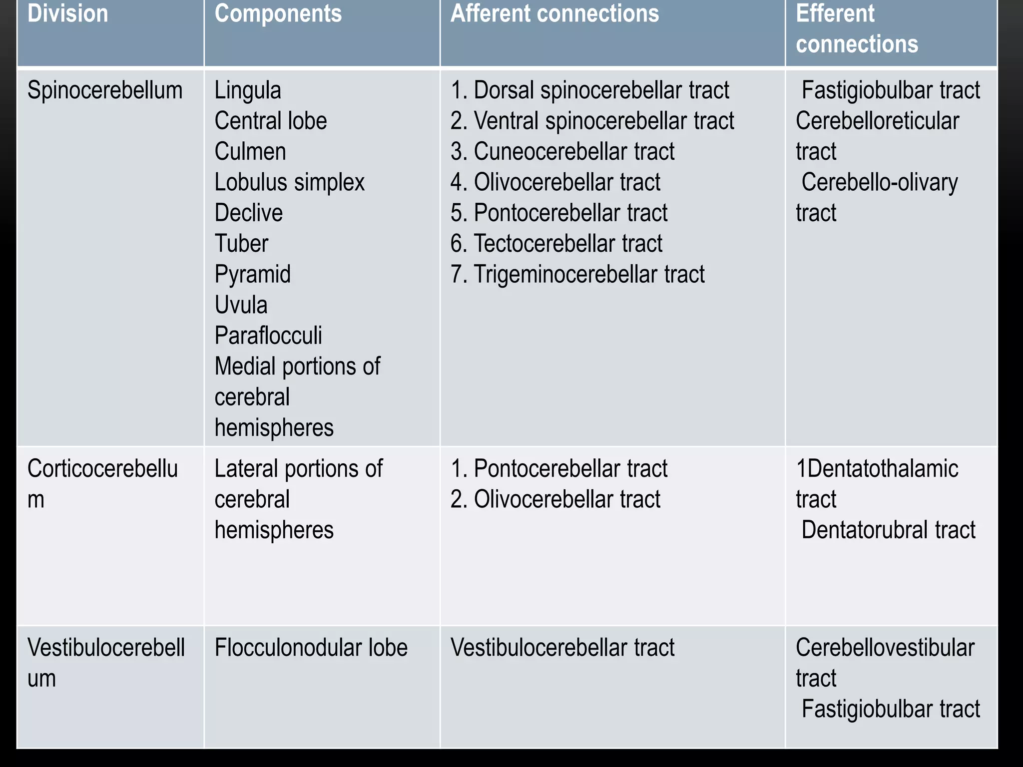 Division Components Afferent connections Efferent
connections
Spinocerebellum Lingula
Central lobe
Culmen
Lobulus simplex
Declive
Tuber
Pyramid
Uvula
Paraflocculi
Medial portions of
cerebral
hemispheres
1. Dorsal spinocerebellar tract
2. Ventral spinocerebellar tract
3. Cuneocerebellar tract
4. Olivocerebellar tract
5. Pontocerebellar tract
6. Tectocerebellar tract
7. Trigeminocerebellar tract
Fastigiobulbar tract
Cerebelloreticular
tract
Cerebello-olivary
tract
Corticocerebellu
m
Lateral portions of
cerebral
hemispheres
1. Pontocerebellar tract
2. Olivocerebellar tract
1Dentatothalamic
tract
Dentatorubral tract
Vestibulocerebell
um
Flocculonodular lobe Vestibulocerebellar tract Cerebellovestibular
tract
Fastigiobulbar tract
 