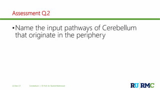 Assessment Q.2
•Name the input pathways of Cerebellum
that originate in the periphery
12-Dec-17 Cerebellum | © Prof. Dr. Rashid Mahmood
 