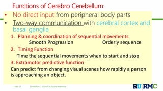 Functions of Cerebro Cerebellum:
• No direct input from peripheral body parts
• Two-way communication with cerebral cortex and
basal ganglia
1. Planning & coordination of sequential movements
Smooth Progression Orderly sequence
2. Timing Function
Time the sequential movements when to start and stop
3. Extramotor predictive function
Can predict from changing visual scenes how rapidly a person
is approaching an object.
12-Dec-17 Cerebellum | © Prof. Dr. Rashid Mahmood
 