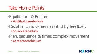 Take Home Points
•Equilibrium & Posture
•Vestibulocerebellum
•Distal limb movement control by feedback
•Spinocerebellum
•Plan, sequence & times complex movement
•Cerebrocerebellum
12-Dec-17 Cerebellum | © Prof. Dr. Rashid Mahmood
 