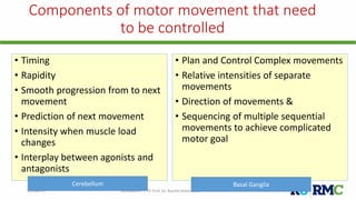 Components of motor movement that need
to be controlled
• Timing
• Rapidity
• Smooth progression from to next
movement
• Prediction of next movement
• Intensity when muscle load
changes
• Interplay between agonists and
antagonists
12-Dec-17 Cerebellum | © Prof. Dr. Rashid Mahmood
• Plan and Control Complex movements
• Relative intensities of separate
movements
• Direction of movements &
• Sequencing of multiple sequential
movements to achieve complicated
motor goal
Cerebellum Basal Ganglia
 