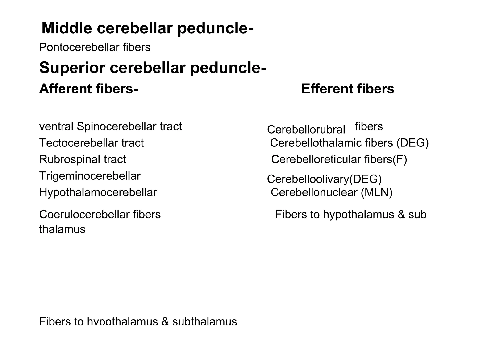Middle cerebellar peduncle-
Pontocerebellar fibers
Superior cerebellar peduncle-
Afferent fibers- Efferent fibers
ventral Spinocerebellar tract Cerebellorubral fibers
Tectocerebellar tract Cerebellothalamic fibers (DEG)
Rubrospinal tract Cerebelloreticular fibers(F)
Trigeminocerebellar Cerebelloolivary(DEG)
Hypothalamocerebellar Cerebellonuclear (MLN)
Coerulocerebellar fibers Fibers to hypothalamus & sub
thalamus
Fibers to hypothalamus & subthalamus
 