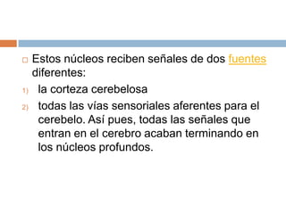     Estos núcleos reciben señales de dos fuentes
     diferentes:
1)    la corteza cerebelosa
2)    todas las vías sensoriales aferentes para el
      cerebelo. Así pues, todas las señales que
      entran en el cerebro acaban terminando en
      los núcleos profundos.
 
