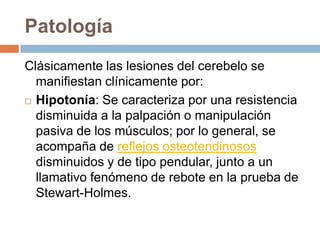 Patología
Clásicamente las lesiones del cerebelo se
  manifiestan clínicamente por:
 Hipotonía: Se caracteriza por una resistencia

  disminuida a la palpación o manipulación
  pasiva de los músculos; por lo general, se
  acompaña de reflejos osteotendinosos
  disminuidos y de tipo pendular, junto a un
  llamativo fenómeno de rebote en la prueba de
  Stewart-Holmes.
 