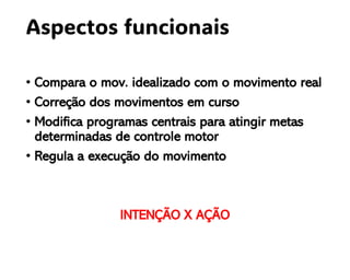 Aspectos funcionais
• Compara o mov. idealizado com o movimento real
• Correção dos movimentos em curso
• Modifica programas centrais para atingir metas
determinadas de controle motor
• Regula a execução do movimento
INTENÇÃO X AÇÃO
 
