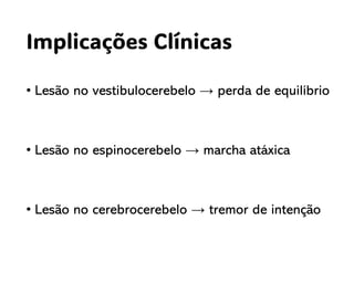 Implicações Clínicas
• Lesão no vestibulocerebelo → perda de equilíbrio
• Lesão no espinocerebelo → marcha atáxica
• Lesão no cerebrocerebelo → tremor de intenção
 