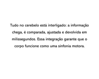 Tudo no cerebelo está interligado: a informação
chega, é comparada, ajustada e devolvida em
milissegundos. Essa integração garante que o
corpo funcione como uma sinfonia motora.
 