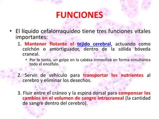 FUNCIONES
• El líquido cefalorraquídeo tiene tres funciones vitales
importantes:
1. Mantener flotante el tejido cerebral, actuando como
colchón o amortiguador, dentro de la sólida bóveda
craneal.
• Por lo tanto, un golpe en la cabeza inmoviliza en forma simultánea
todo el encéfalo.
2. Servir de vehículo para transportar los nutrientes al
cerebro y eliminar los desechos.
3. Fluir entre el cráneo y la espina dorsal para compensar los
cambios en el volumen de sangre intracraneal (la cantidad
de sangre dentro del cerebro).
 