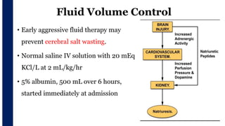 Fluid Volume Control
• Early aggressive fluid therapy may
prevent cerebral salt wasting.
• Normal saline IV solution with 20 mEq
KCl/L at 2 mL/kg/hr
• 5% albumin, 500 mL over 6 hours,
started immediately at admission
v
 