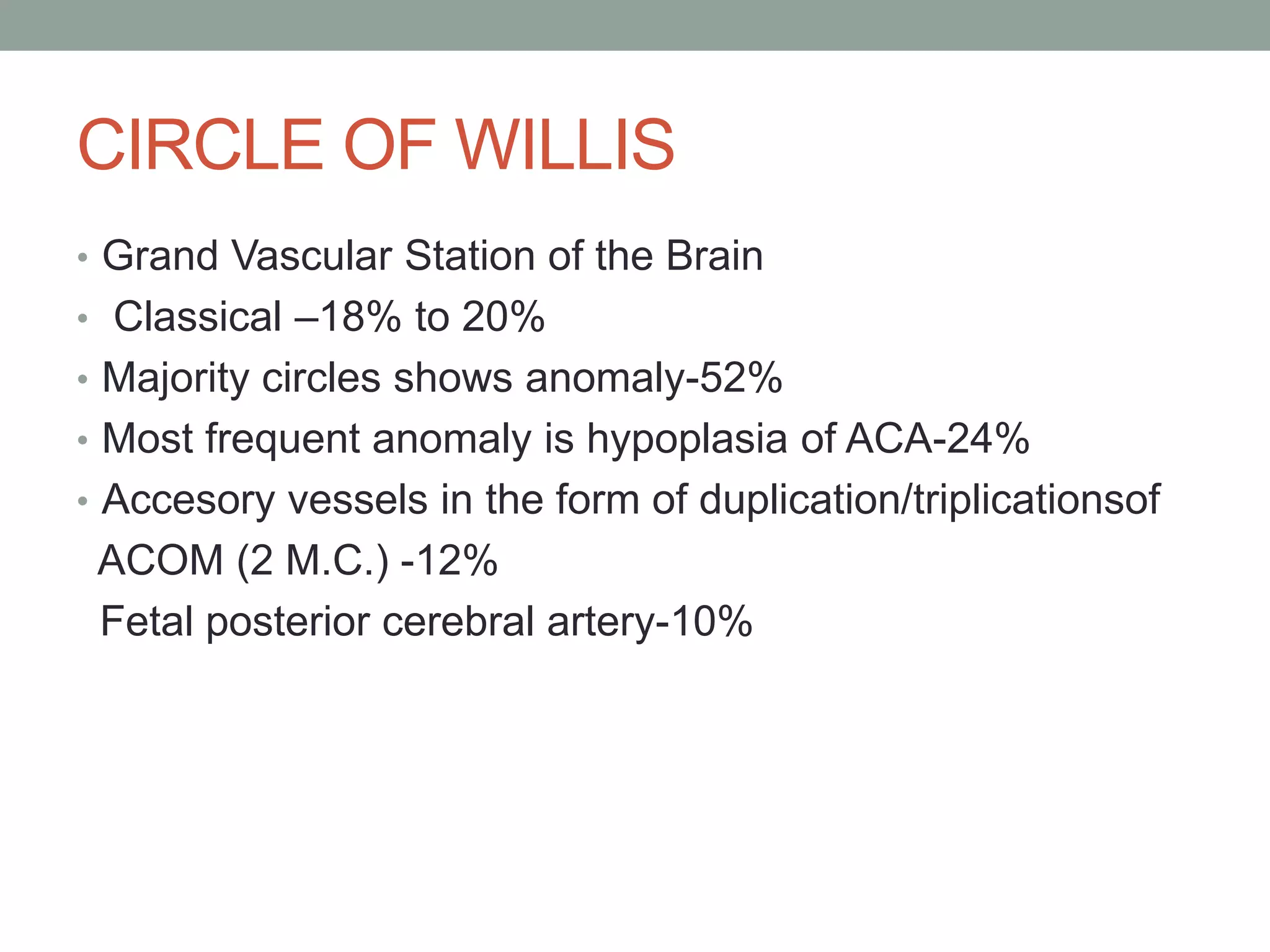 CIRCLE OF WILLIS
• Grand Vascular Station of the Brain
• Classical –18% to 20%
• Majority circles shows anomaly-52%
• Most frequent anomaly is hypoplasia of ACA-24%
• Accesory vessels in the form of duplication/triplicationsof
ACOM (2 M.C.) -12%
Fetal posterior cerebral artery-10%
 
