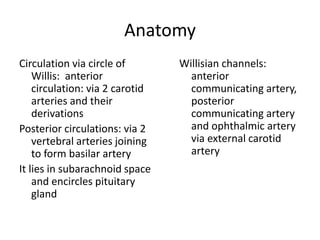 Anatomy
Circulation via circle of
Willis: anterior
circulation: via 2 carotid
arteries and their
derivations
Posterior circulations: via 2
vertebral arteries joining
to form basilar artery
It lies in subarachnoid space
and encircles pituitary
gland
Willisian channels:
anterior
communicating artery,
posterior
communicating artery
and ophthalmic artery
via external carotid
artery
 