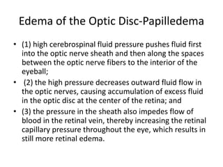 Edema of the Optic Disc-Papilledema
• (1) high cerebrospinal fluid pressure pushes fluid first
into the optic nerve sheath and then along the spaces
between the optic nerve fibers to the interior of the
eyeball;
• (2) the high pressure decreases outward fluid flow in
the optic nerves, causing accumulation of excess fluid
in the optic disc at the center of the retina; and
• (3) the pressure in the sheath also impedes flow of
blood in the retinal vein, thereby increasing the retinal
capillary pressure throughout the eye, which results in
still more retinal edema.
 