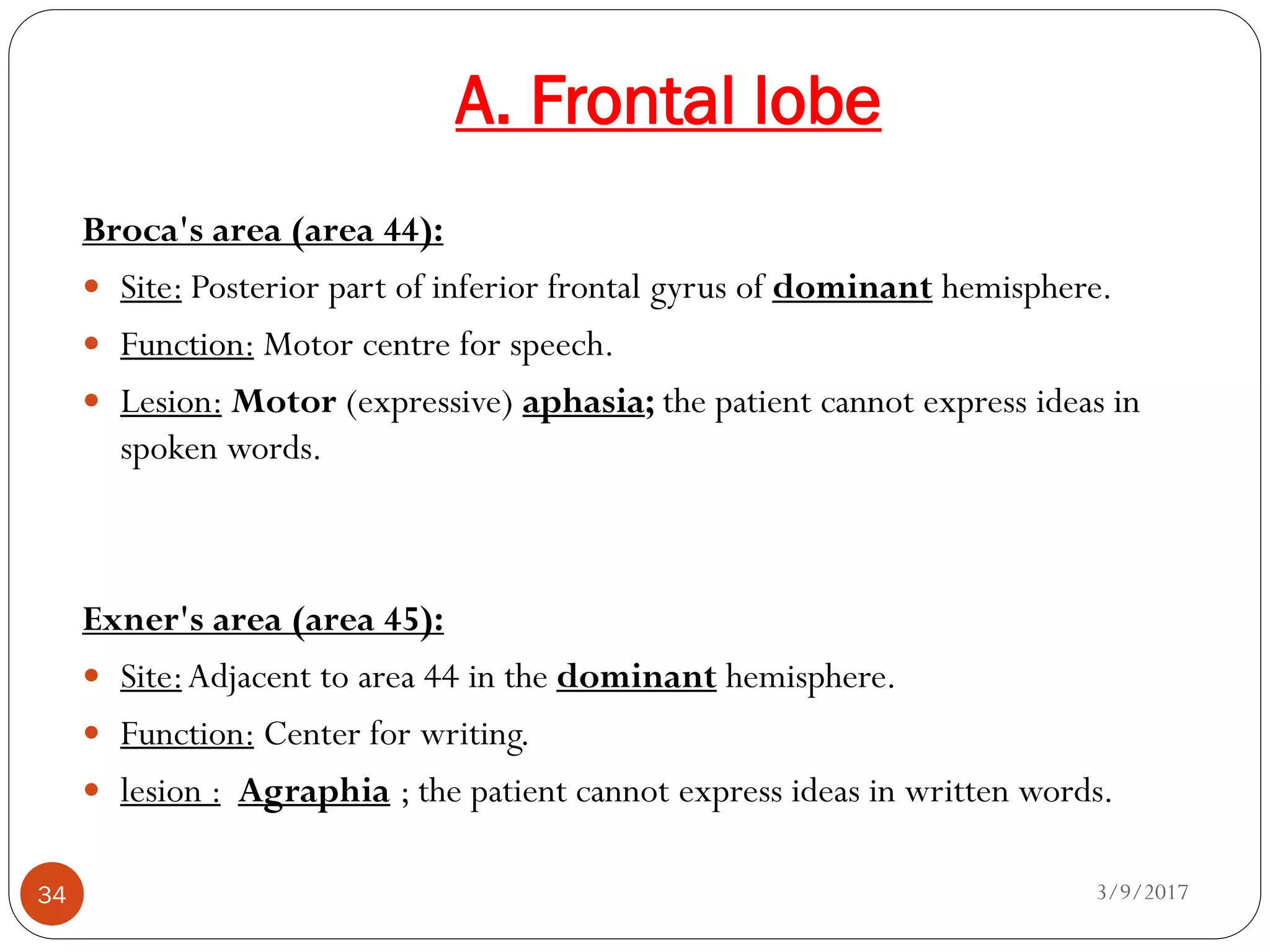 A. Frontal lobe
3/9/201734
Broca's area (area 44):
 Site: Posterior part of inferior frontal gyrus of dominant hemisphere.
 Function: Motor centre for speech.
 Lesion: Motor (expressive) aphasia; the patient cannot express ideas in
spoken words.
Exner's area (area 45):
 Site:Adjacent to area 44 in the dominant hemisphere.
 Function: Center for writing.
 lesion : Agraphia ; the patient cannot express ideas in written words.
 