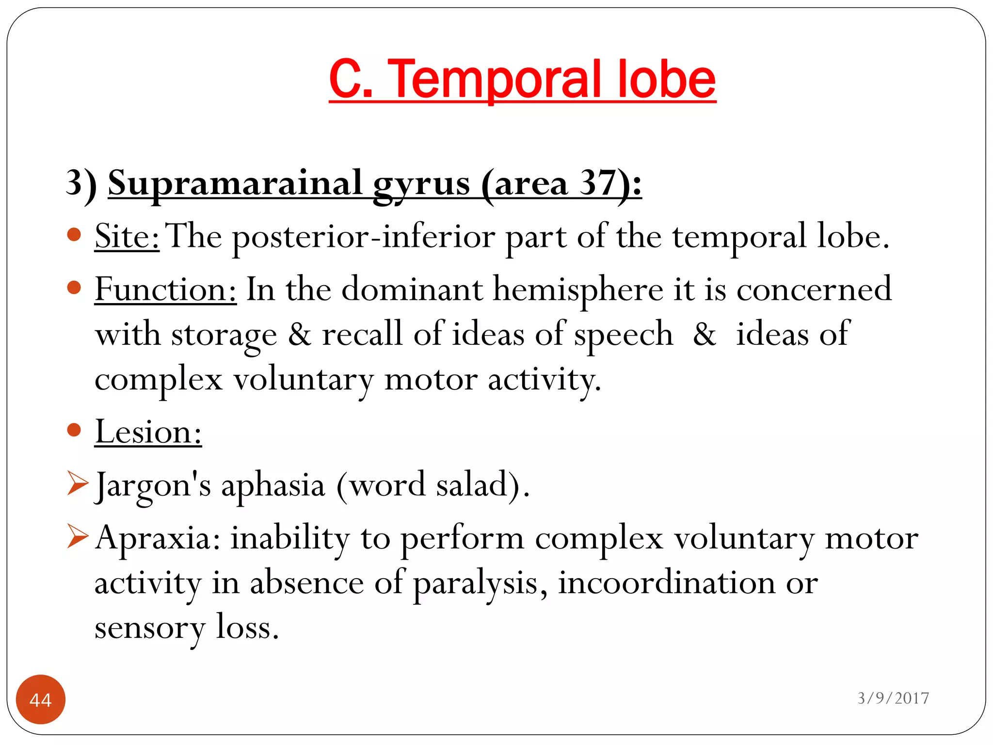 C. Temporal lobe
3/9/201744
3) Supramarainal gyrus (area 37):
 Site:The posterior-inferior part of the temporal lobe.
 Function: In the dominant hemisphere it is concerned
with storage & recall of ideas of speech & ideas of
complex voluntary motor activity.
 Lesion:
Jargon's aphasia (word salad).
Apraxia: inability to perform complex voluntary motor
activity in absence of paralysis, incoordination or
sensory loss.
 