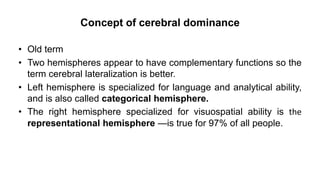 Concept of cerebral dominance
• Old term
• Two hemispheres appear to have complementary functions so the
term cerebral lateralization is better.
• Left hemisphere is specialized for language and analytical ability,
and is also called categorical hemisphere.
• The right hemisphere specialized for visuospatial ability is the
representational hemisphere —is true for 97% of all people.
 
