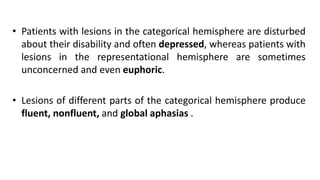 • Patients with lesions in the categorical hemisphere are disturbed
about their disability and often depressed, whereas patients with
lesions in the representational hemisphere are sometimes
unconcerned and even euphoric.
• Lesions of different parts of the categorical hemisphere produce
fluent, nonfluent, and global aphasias .
 