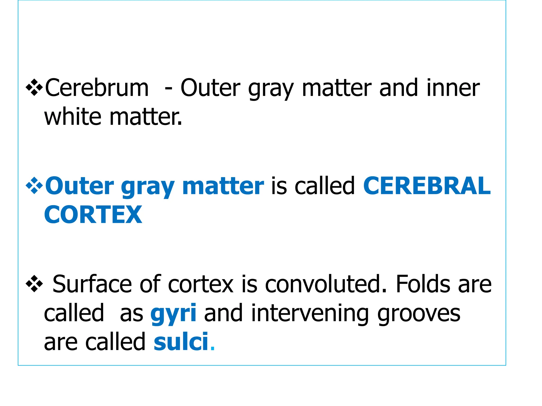 ❖Cerebrum - Outer gray matter and inner
white matter.
❖Outer gray matter is called CEREBRAL
CORTEX
❖ Surface of cortex is convoluted. Folds are
called as gyri and intervening grooves
are called sulci.
 