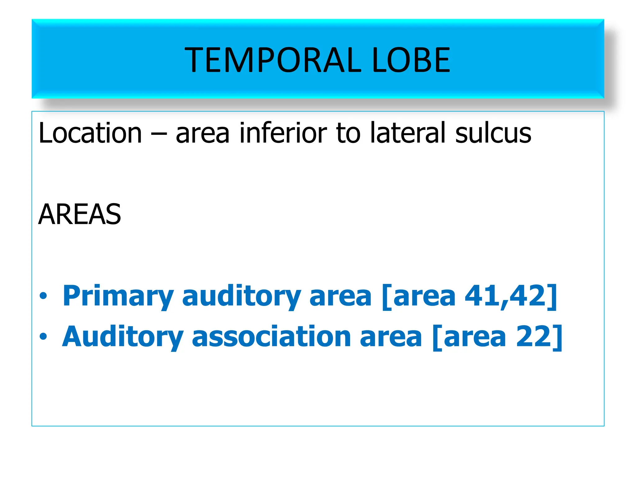 TEMPORAL LOBE
Location – area inferior to lateral sulcus
AREAS
• Primary auditory area [area 41,42]
• Auditory association area [area 22]
 