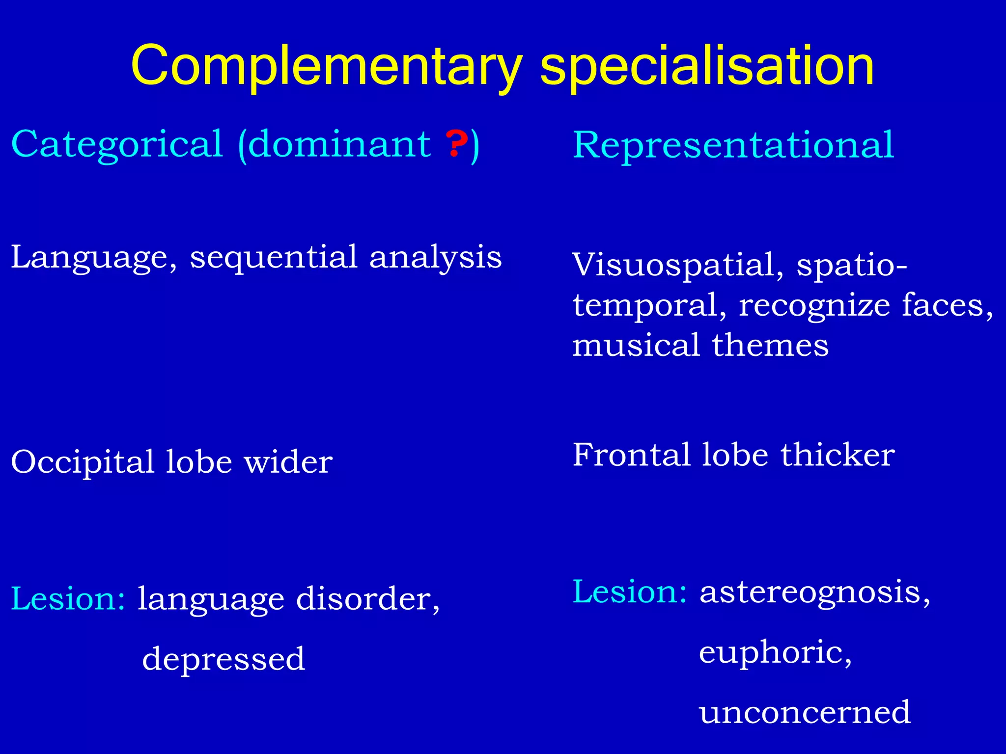 Complementary specialisation
Categorical (dominant ?)
Language, sequential analysis
Occipital lobe wider
Lesion: language disorder,
depressed
Representational
Visuospatial, spatio-
temporal, recognize faces,
musical themes
Frontal lobe thicker
Lesion: astereognosis,
euphoric,
unconcerned
 