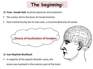  Franz Joseph Gall, Austrian physician and anatomist :
 The cortex, forms the basis of mental function
 Each mental faculty has its own seat, a circumscribed area of cortex
Theory of localization of function
 Jean-Baptiste Bouillaud:
 In majority of the speech disorder cases, the
lesion was localized in the anterior part of the brain
The beginning:
 